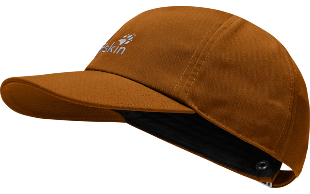 Orangefarbene Baseballkappe mit gebogenem Schirm, weißem Logo vorn, schwarzer Innenbespannung und Metallösen am Rückenteil