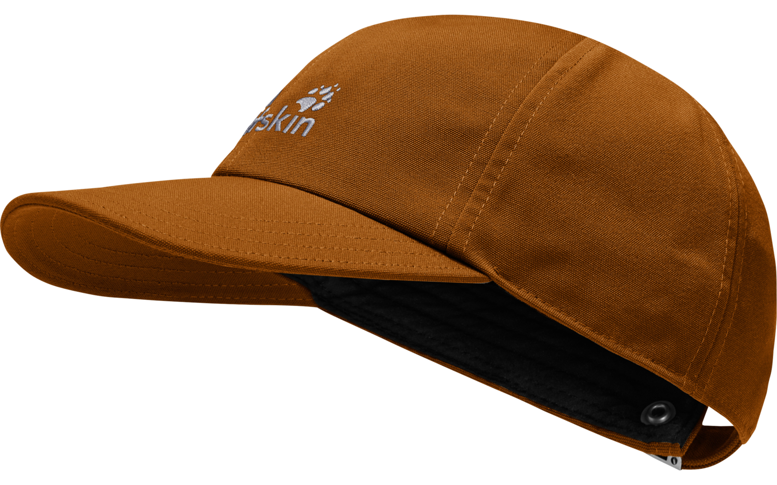 Orangefarbene Baseballkappe mit gebogenem Schirm, weißem Logo vorn, schwarzer Innenbespannung und Metallösen am Rückenteil