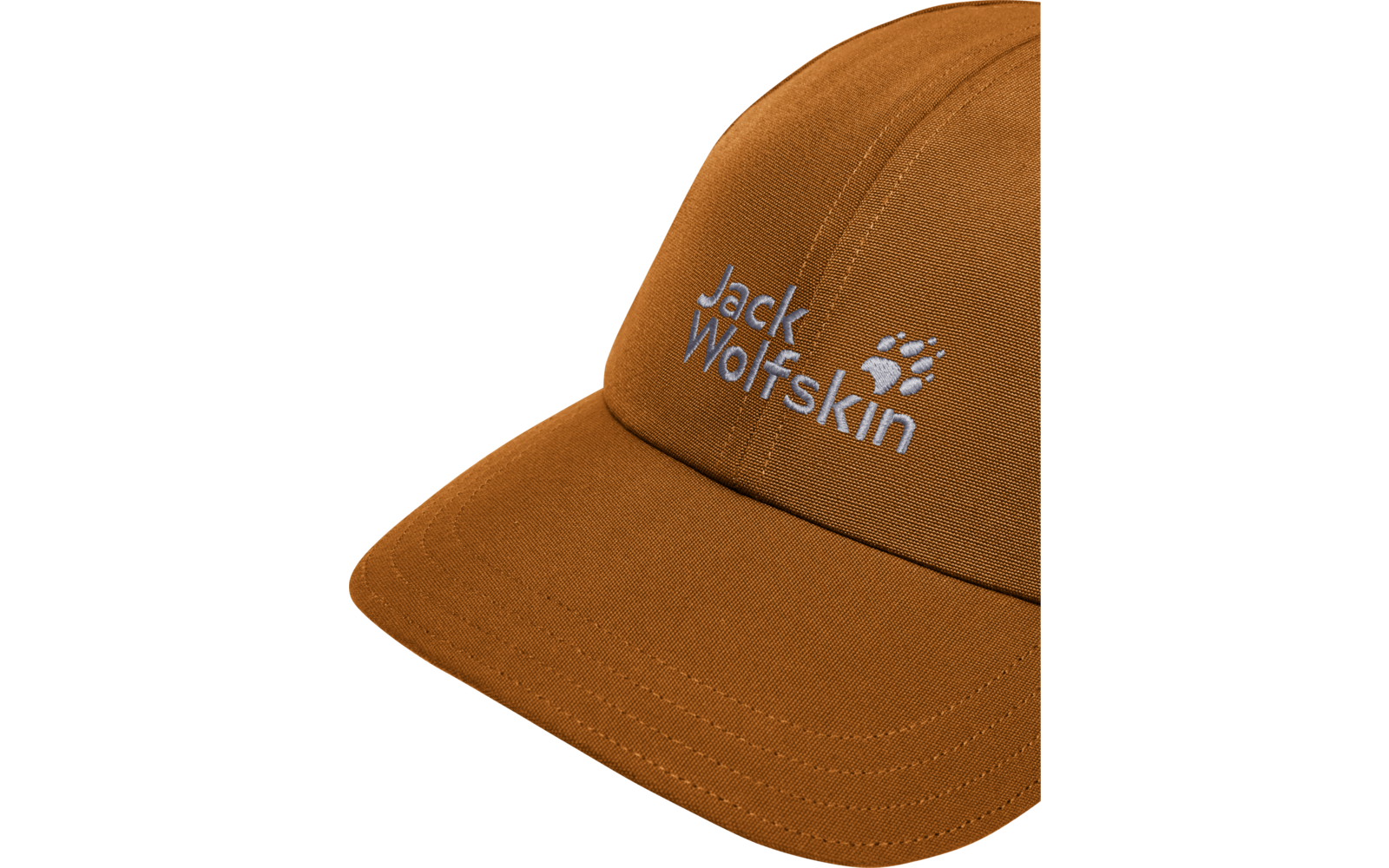 Orange-braune Kappe mit gesticktem "Jack Wolfskin"-Schriftzug und Pfotenlogo auf der Vorderseite, sichtbare Nähte und Schirm
