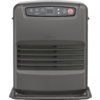 Gray compact heater with front horizontal air vents, base plate and top control panel with display and buttons
