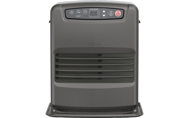 Gray compact heater with front horizontal air vents, base plate and top control panel with display and buttons