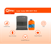 Gray device centered, orange canister with blue cap at right; orange banner at top with 'Qlima' logo and product name 'Laser heater SRE 3631 TC-2'; six orange circular icons with short English labels on a light orange gradient background