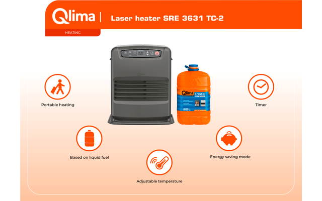 Gray device centered, orange canister with blue cap at right; orange banner at top with 'Qlima' logo and product name 'Laser heater SRE 3631 TC-2'; six orange circular icons with short English labels on a light orange gradient background