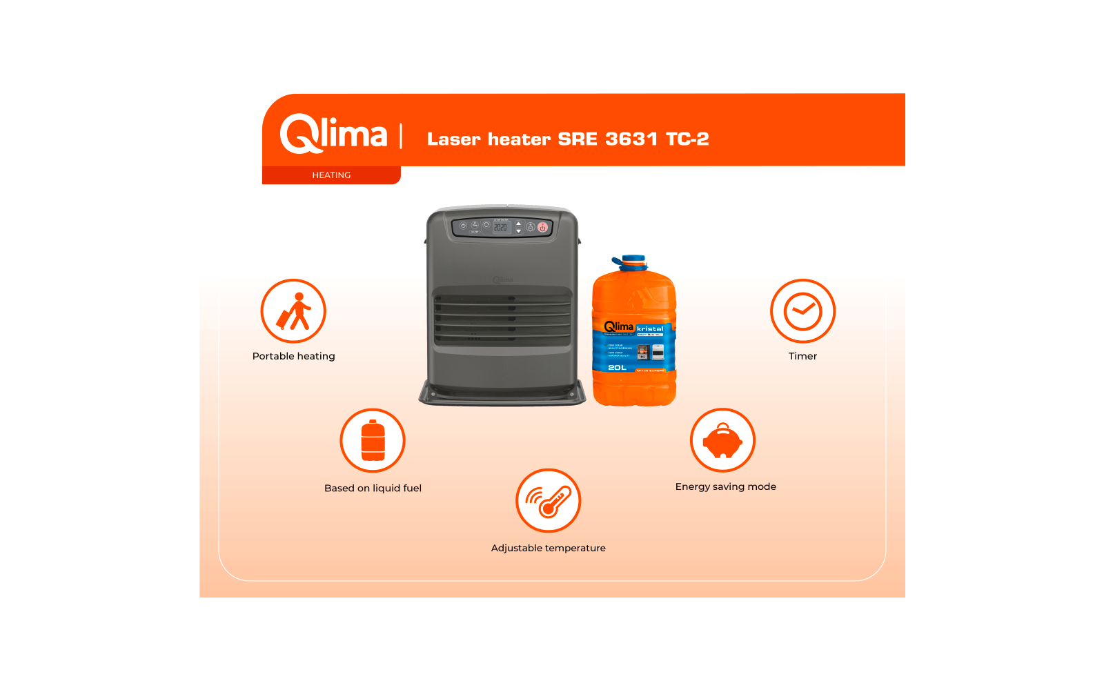 Gray device centered, orange canister with blue cap at right; orange banner at top with 'Qlima' logo and product name 'Laser heater SRE 3631 TC-2'; six orange circular icons with short English labels on a light orange gradient background