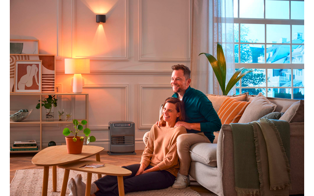Two people in a living room: one sits on the floor in front of a sofa, the other kneels behind the sofa with hands on the first person's shoulders. Visible: coffee table with potted plant, large houseplant by the window, lamp, framed wall art, and a portable heater on the floor