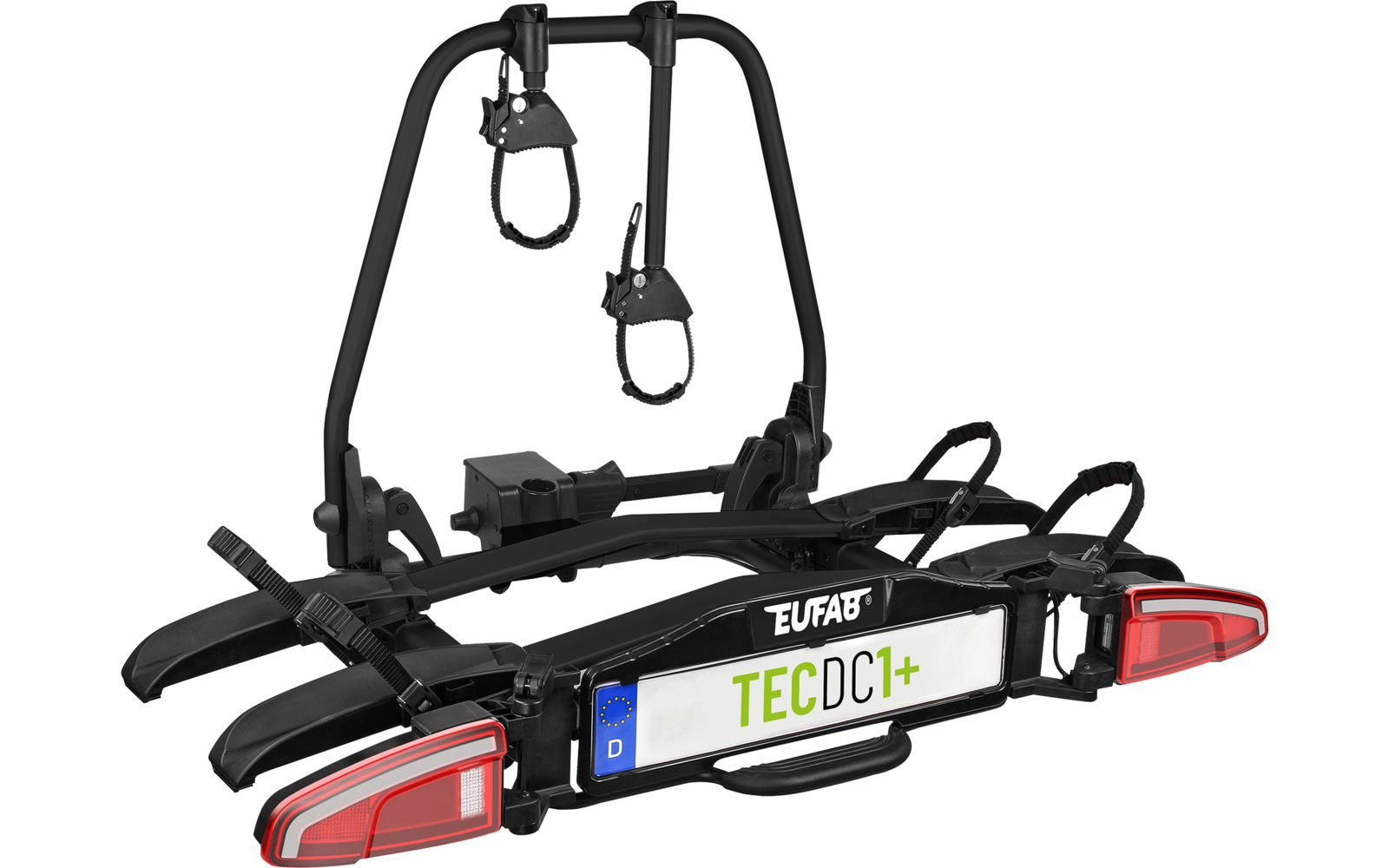 Schwarzer Heckfahrradträger mit integrierten Rücklichtern und montiertem Kennzeichen