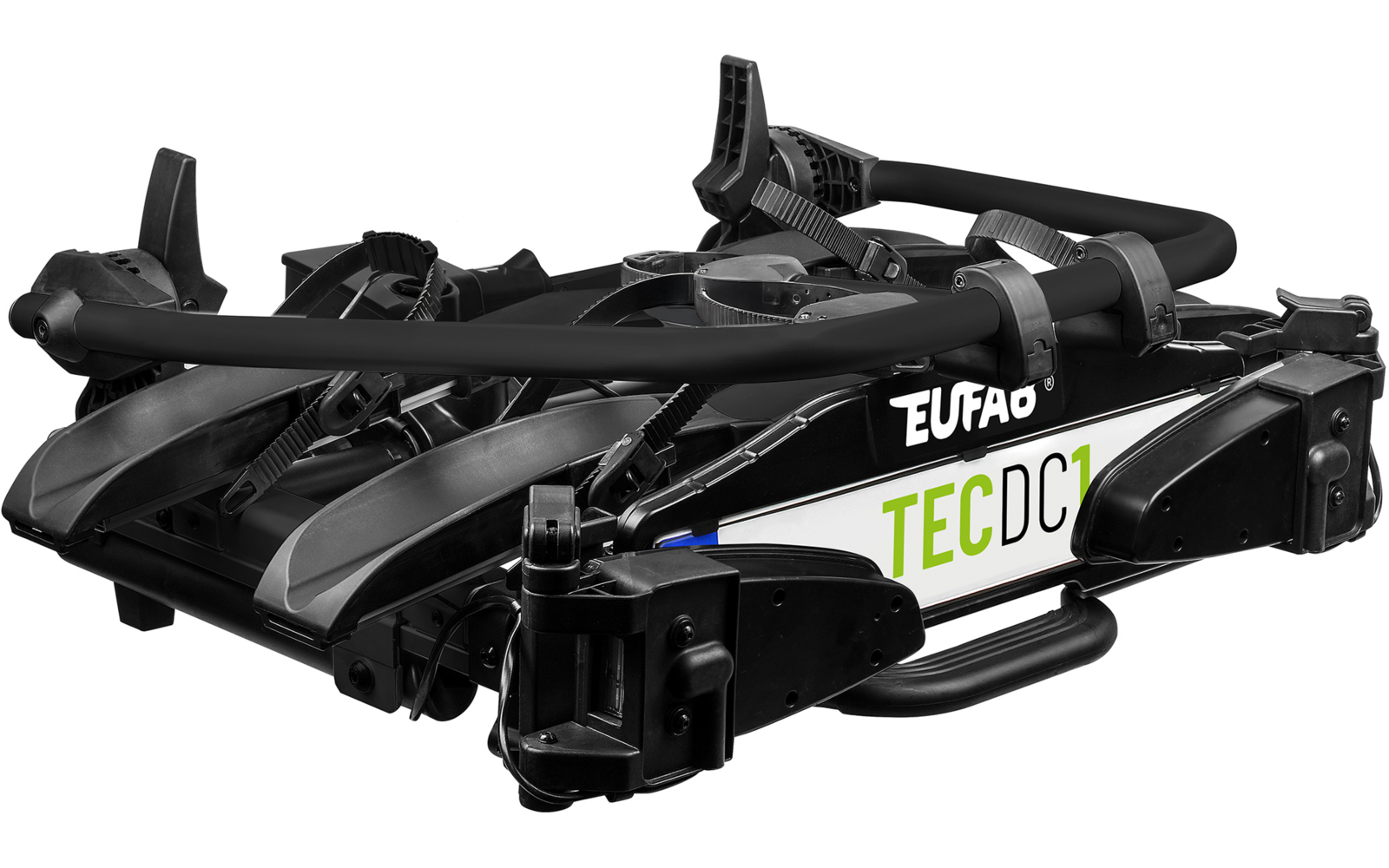Gefaltetes schwarzes Metallgestell mit drei geschwungenen Armen, Riemen, Griff und Aufklebern 'EUFAO' und 'TEC DC1'