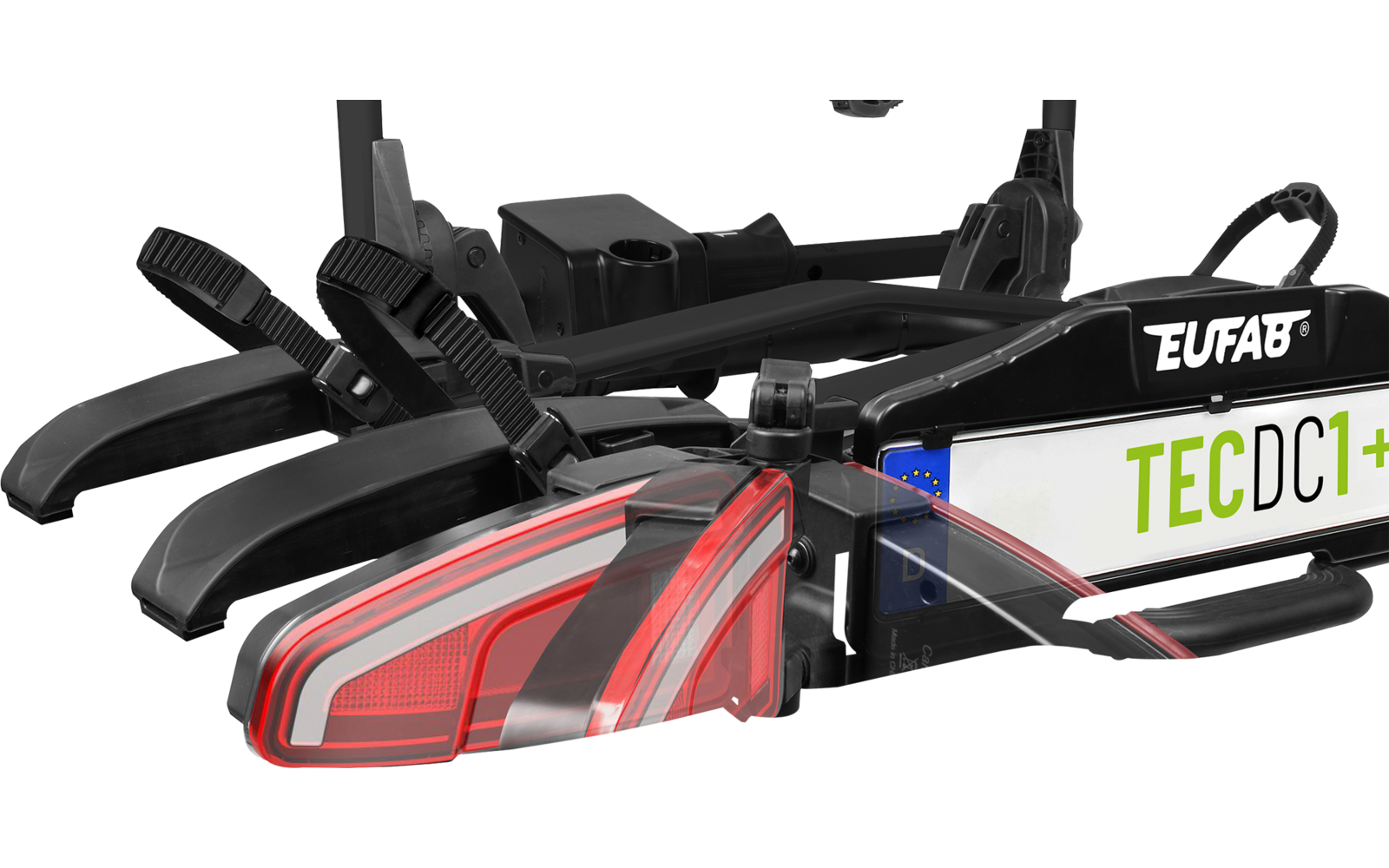 Schwarzer Metallrahmen mit Gurtbändern, rotes Rücklicht, weißer Kennzeichenhalter mit Aufschrift TECDC1+, Markenaufkleber EUFAB