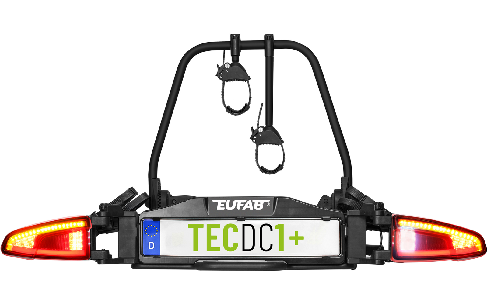 Schwarzer Metallrahmen mit zwei roten Rückleuchten, weiße Kennzeichenplatte mit grünem Schriftzug "TECDC1+" und blauem "D"-Feld, Schriftzug "EUFAB" oberhalb, zwei hängende Riemen mit Ringen