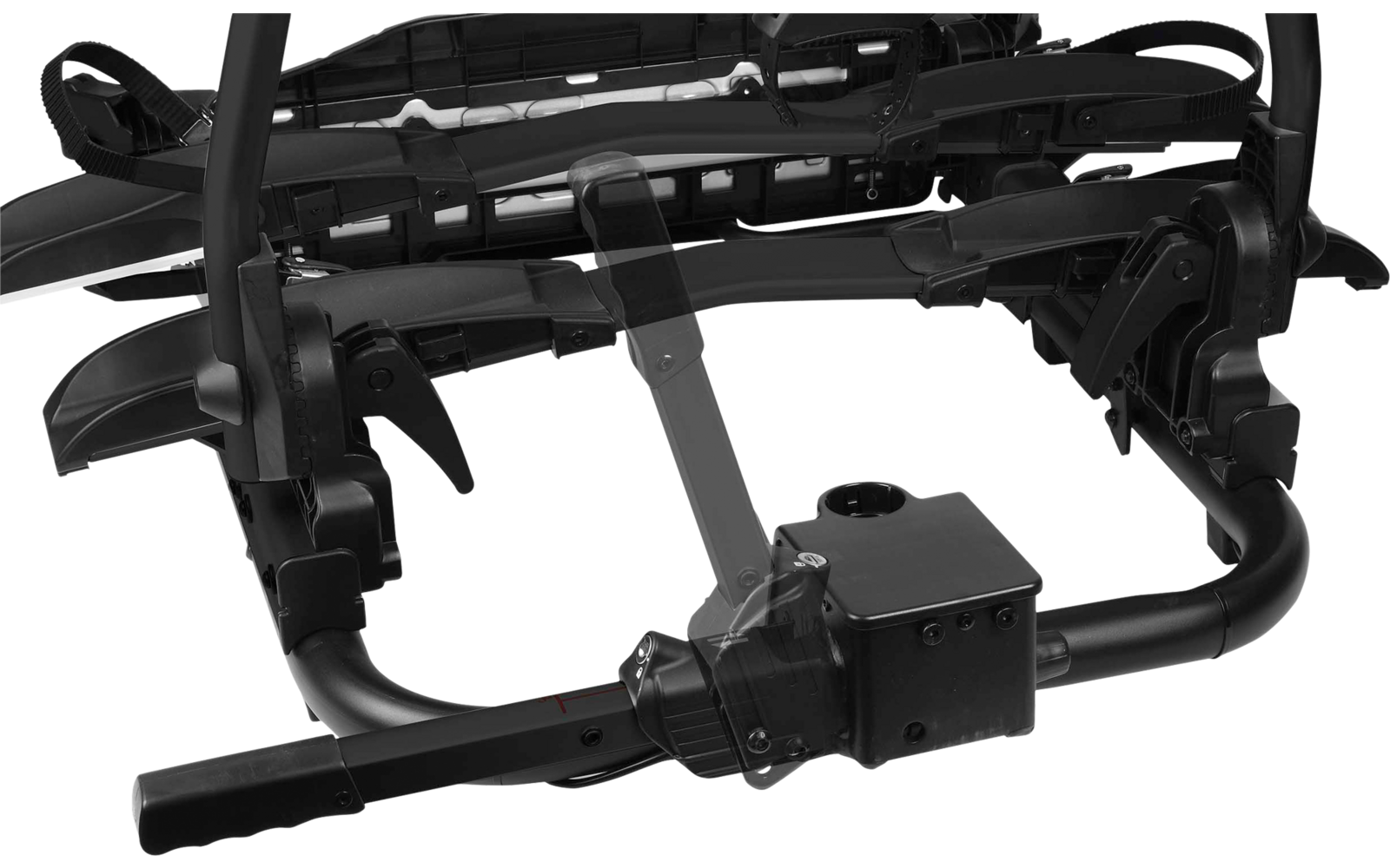 Schwarzes Metall- und Kunststoffgestell mit gebogenen Rohren, mehreren Armen, Riemen sowie Klemm- und Schraubverbindungen auf weißem Hintergrund