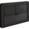 Panel rectangular negro de plástico con marco, dos inserciones horizontales (arriba malla, abajo macizo) y un cierre central sobre fondo blanco
