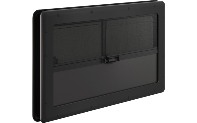 Panel rectangular negro de plástico con marco, dos inserciones horizontales (arriba malla, abajo macizo) y un cierre central sobre fondo blanco