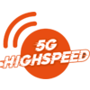 Oranje cirkel met witte tekst '5G HIGHSPEED' en drie gebogen signaalbogen linksboven