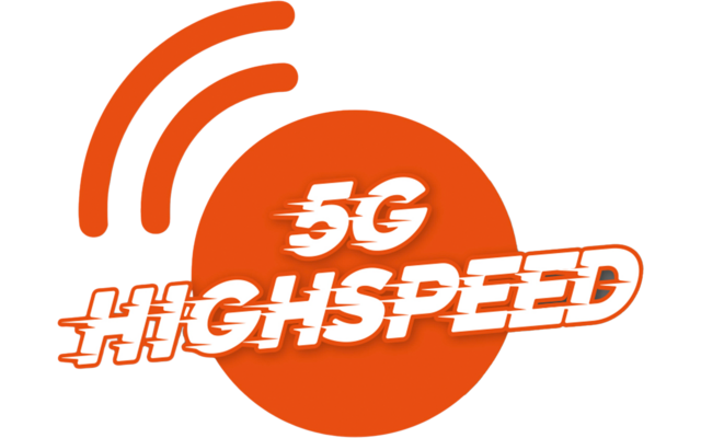 Oranje cirkel met witte tekst '5G HIGHSPEED' en drie gebogen signaalbogen linksboven