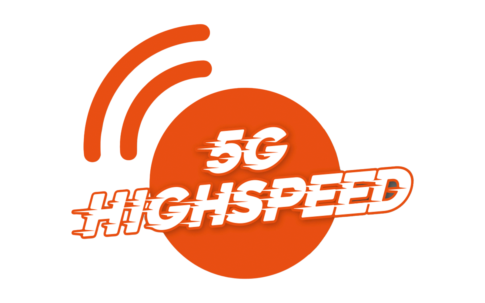 Oranje cirkel met witte tekst '5G HIGHSPEED' en drie gebogen signaalbogen linksboven