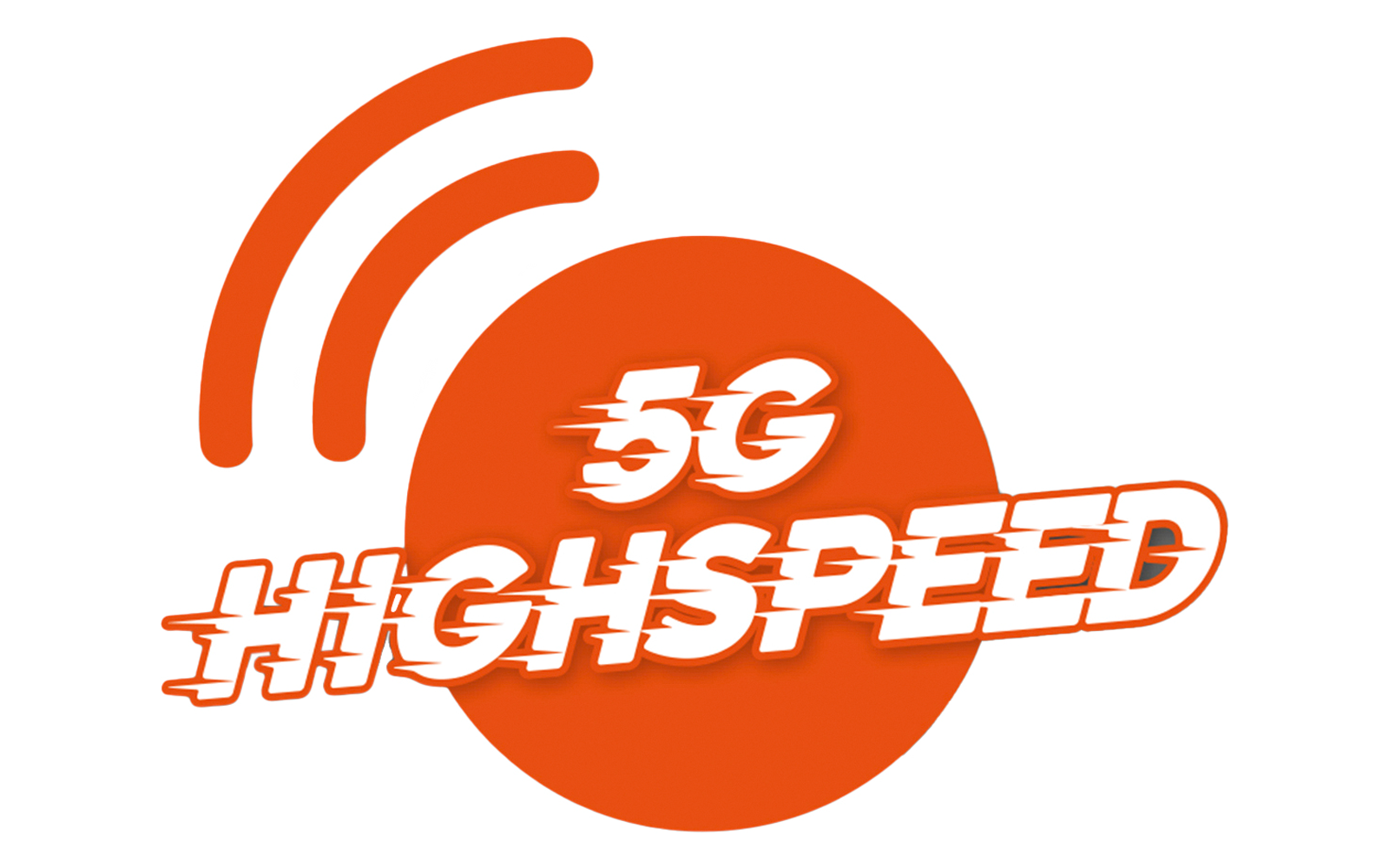 Cerchio arancione con testo bianco '5G HIGHSPEED' e tre archi di segnale curvi in alto a sinistra