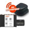 Un modem 5G nero con un accessorio antenna nero aggiuntivo con la scritta 5G Highspeed