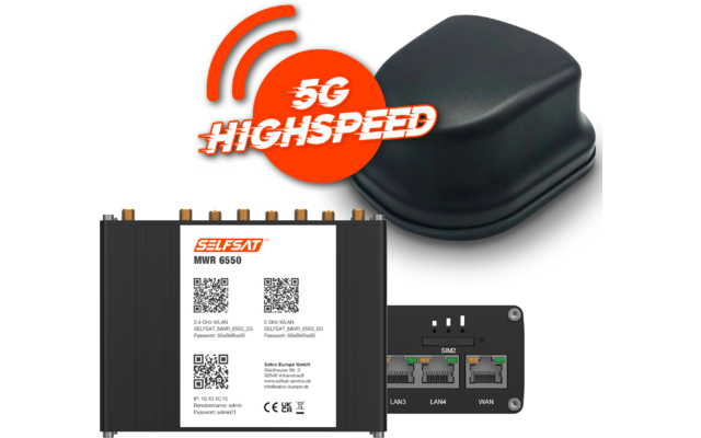 Un modem 5G nero con un accessorio antenna nero aggiuntivo con la scritta 5G Highspeed
