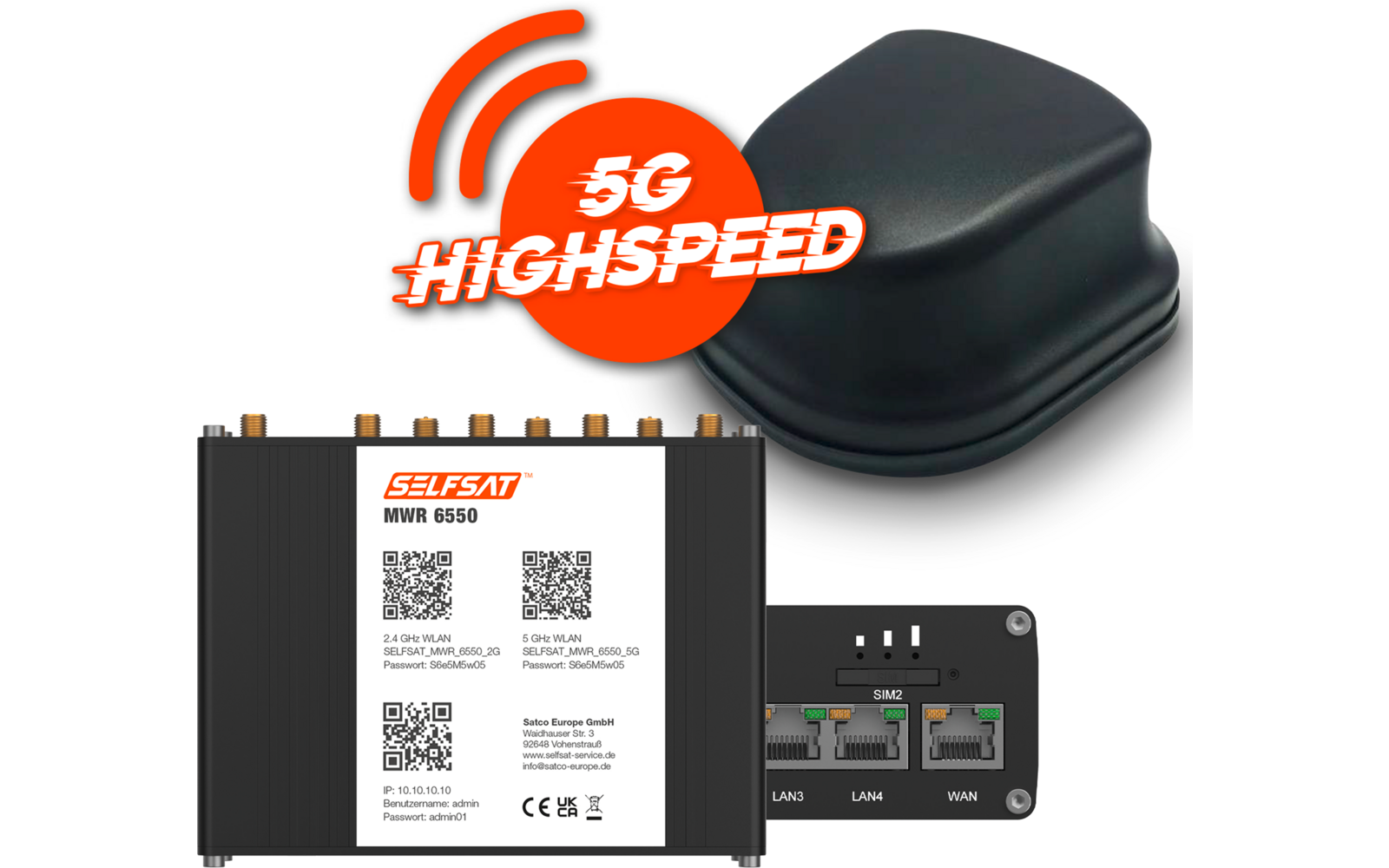 Un modem 5G nero con un accessorio antenna nero aggiuntivo con la scritta 5G Highspeed