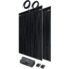 Deux panneaux solaires noirs dressés avec cadre argenté ; devant eux, une unité électronique grise plus grande et deux petits modules gris