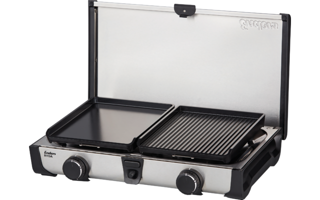 Elektrischer Tischgrill mit zwei Kochflächen, eine glatt und eine gerippt, und offenem Deckel