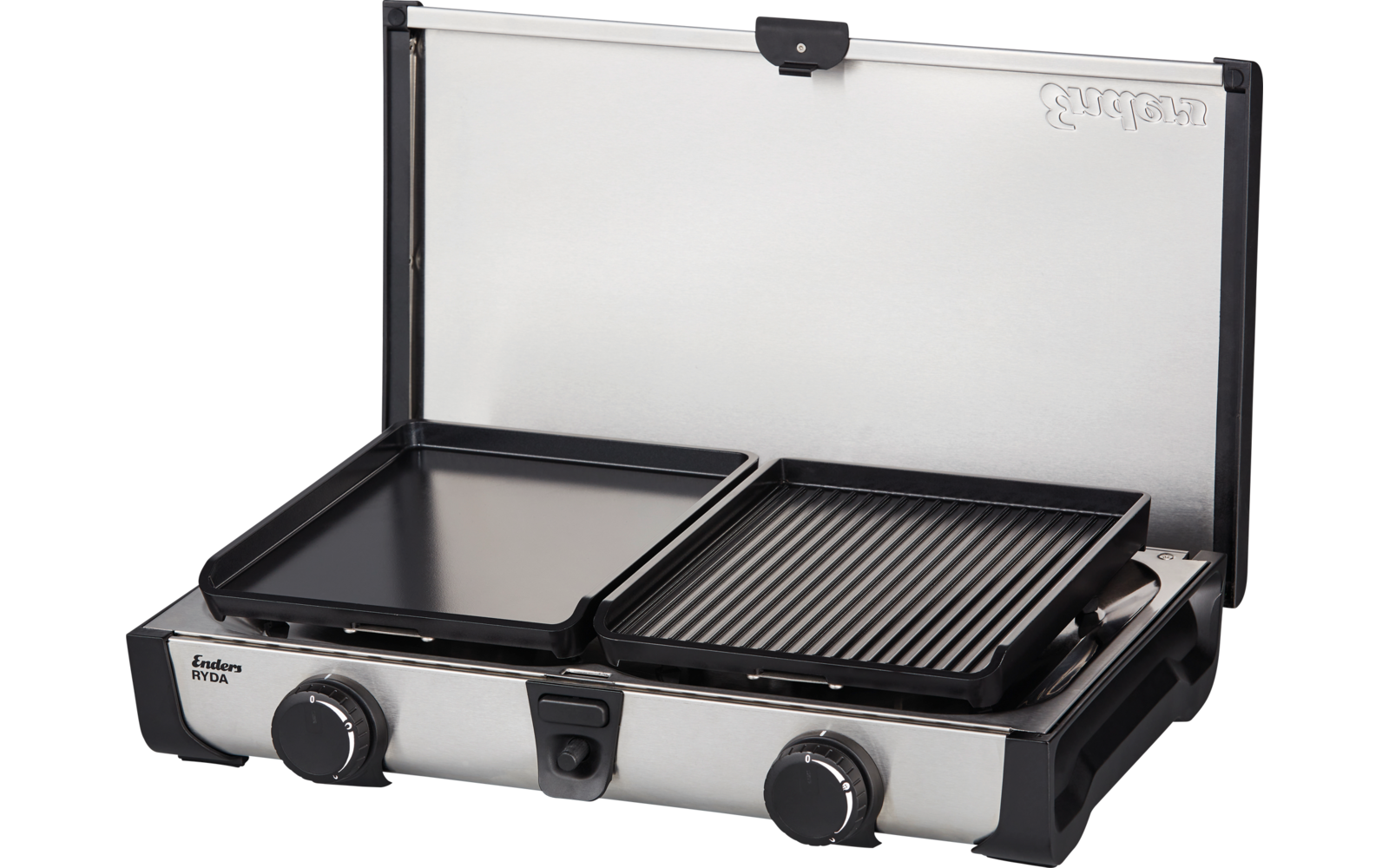Elektrischer Tischgrill mit zwei Kochflächen, eine glatt und eine gerippt, und offenem Deckel