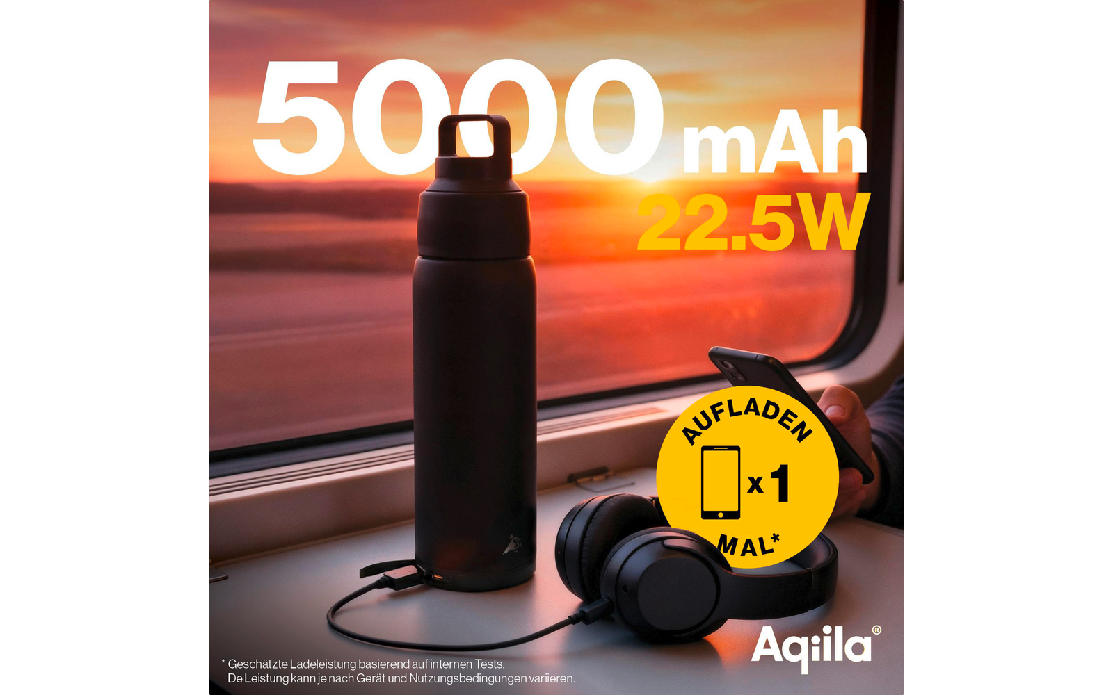 Produktbild Aqiila Powerbottle BO5 Trinkflasche 600 ml mit Powerbank 5000 mAh, 15 W und IPX4 Spritzwasserschutz 1