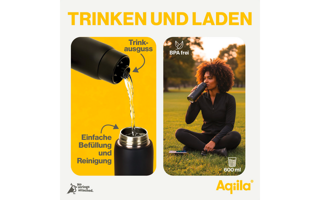 Produktbild Aqiila Powerbottle BO5 Trinkflasche 600 ml mit Powerbank 5000 mAh, 15 W und IPX4 Spritzwasserschutz 1