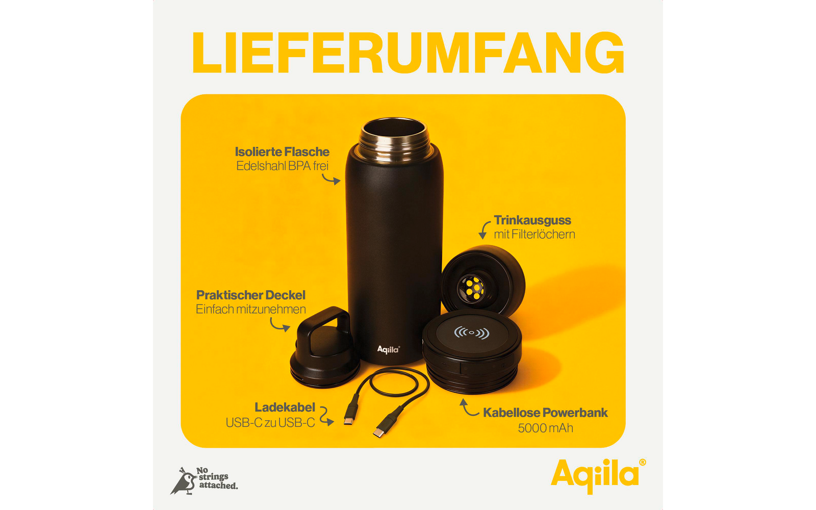 Produktbild Aqiila Powerbottle BO5 Trinkflasche 600 ml mit Powerbank 5000 mAh, 15 W und IPX4 Spritzwasserschutz 1