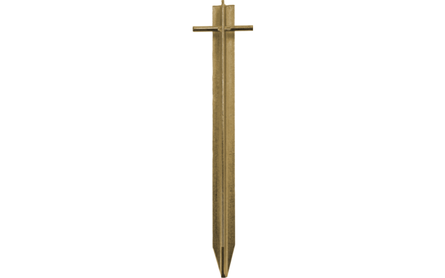 Gold-colored metal rod in a cross shape with a short crossbar near the top and a pointed bottom end