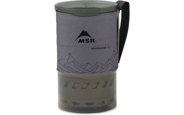 Contenitore cilindrico grigio con rivestimento in tessuto con logo MSR e disegno di montagne, manico nero, base in plastica traslucida con aperture e coperchio verde oliva