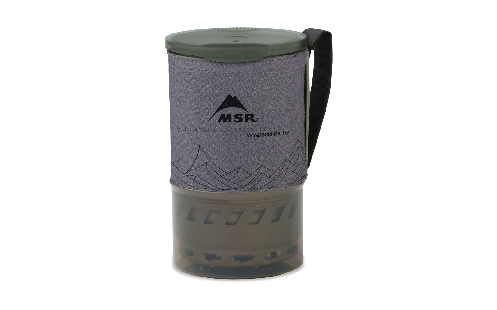 Contenitore cilindrico grigio con rivestimento in tessuto con logo MSR e disegno di montagne, manico nero, base in plastica traslucida con aperture e coperchio verde oliva