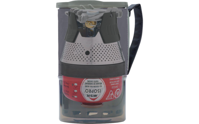 Contenitore in plastica trasparente con coperchio grigio e tracolla nera; all'interno un dispositivo metallico argentato con scocca forata e bracci di supporto neri pieghevoli sopra una bomboletta di gas rossa con scritta bianca MSR ISOPRO