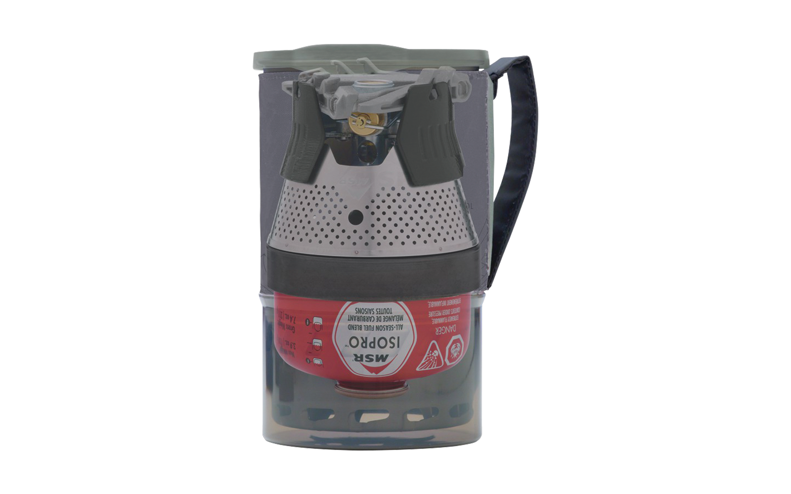 Contenitore in plastica trasparente con coperchio grigio e tracolla nera; all'interno un dispositivo metallico argentato con scocca forata e bracci di supporto neri pieghevoli sopra una bomboletta di gas rossa con scritta bianca MSR ISOPRO