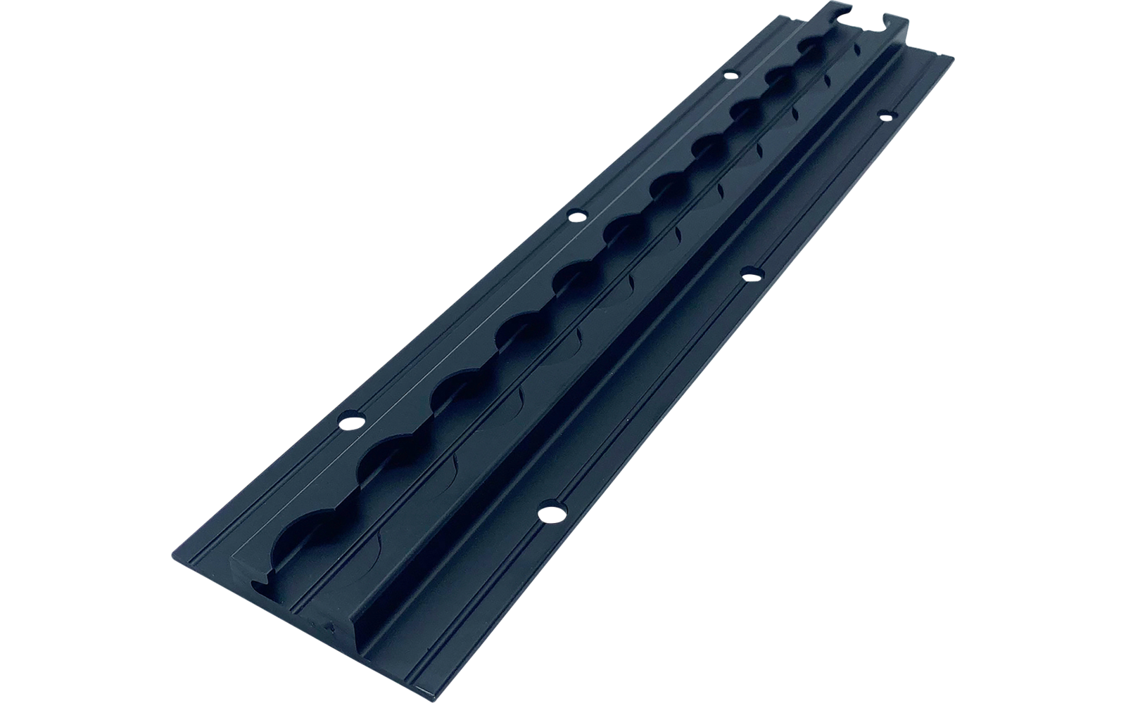Schwarzes, längliches Profil mit zentraler, wellenförmiger Aussparung und gleichmäßig angeordneten runden Löchern, auf weißem Hintergrund