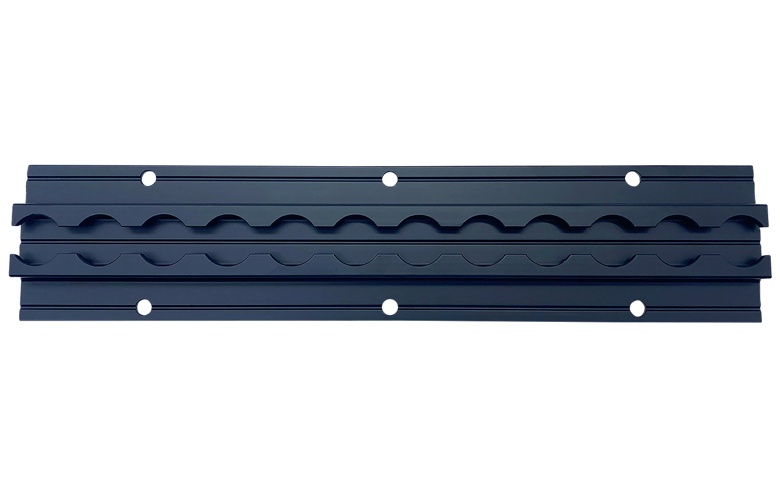 Dunkelblaues, längliches, profiliertes Blech mit einer wellenförmigen Mittelrippe und sichtbaren Schrauben