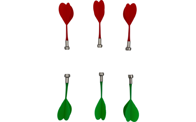 Six flèches avec des pointes en forme de cœur, trois rouges en haut et trois vertes en bas