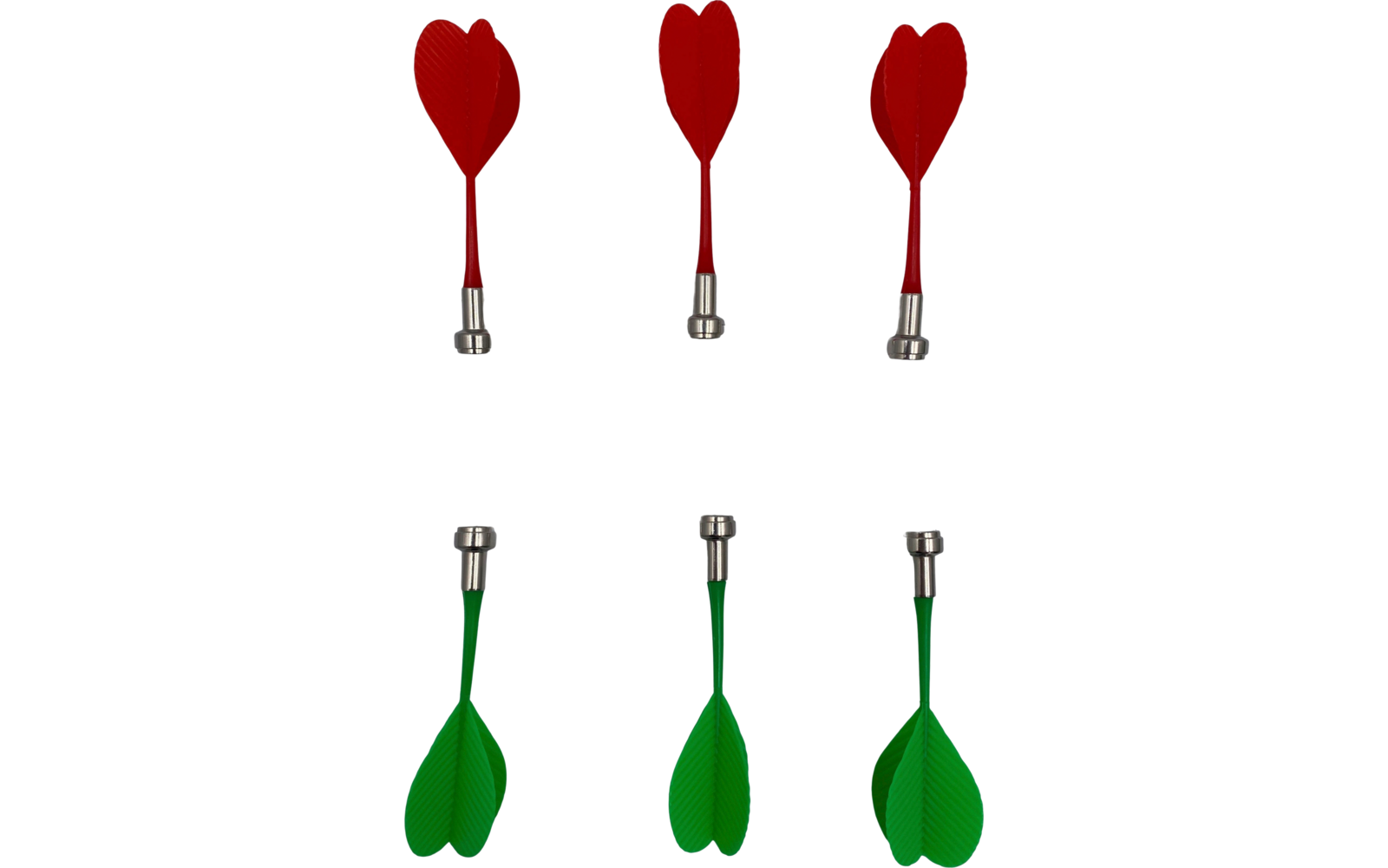 Six flèches avec des pointes en forme de cœur, trois rouges en haut et trois vertes en bas