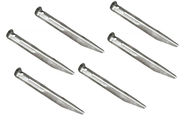 Sechs silberne Metallstifte mit flachem Kopf und Längsschlitz auf weißem Hintergrund
