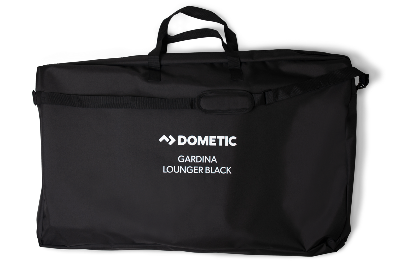 Schwarze rechteckige Tragetasche mit Griffen und Schultergurt, weiße Aufschrift "DOMETIC GARDINA LOUNGER BLACK"