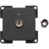 Panneau carré noir en plastique avec connecteur coaxial TV central marqué "TV", quatre trous de fixation aux angles et un écrou hexagonal détaché à droite