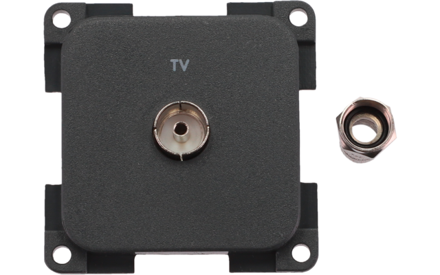 Panneau carré noir en plastique avec connecteur coaxial TV central marqué "TV", quatre trous de fixation aux angles et un écrou hexagonal détaché à droite