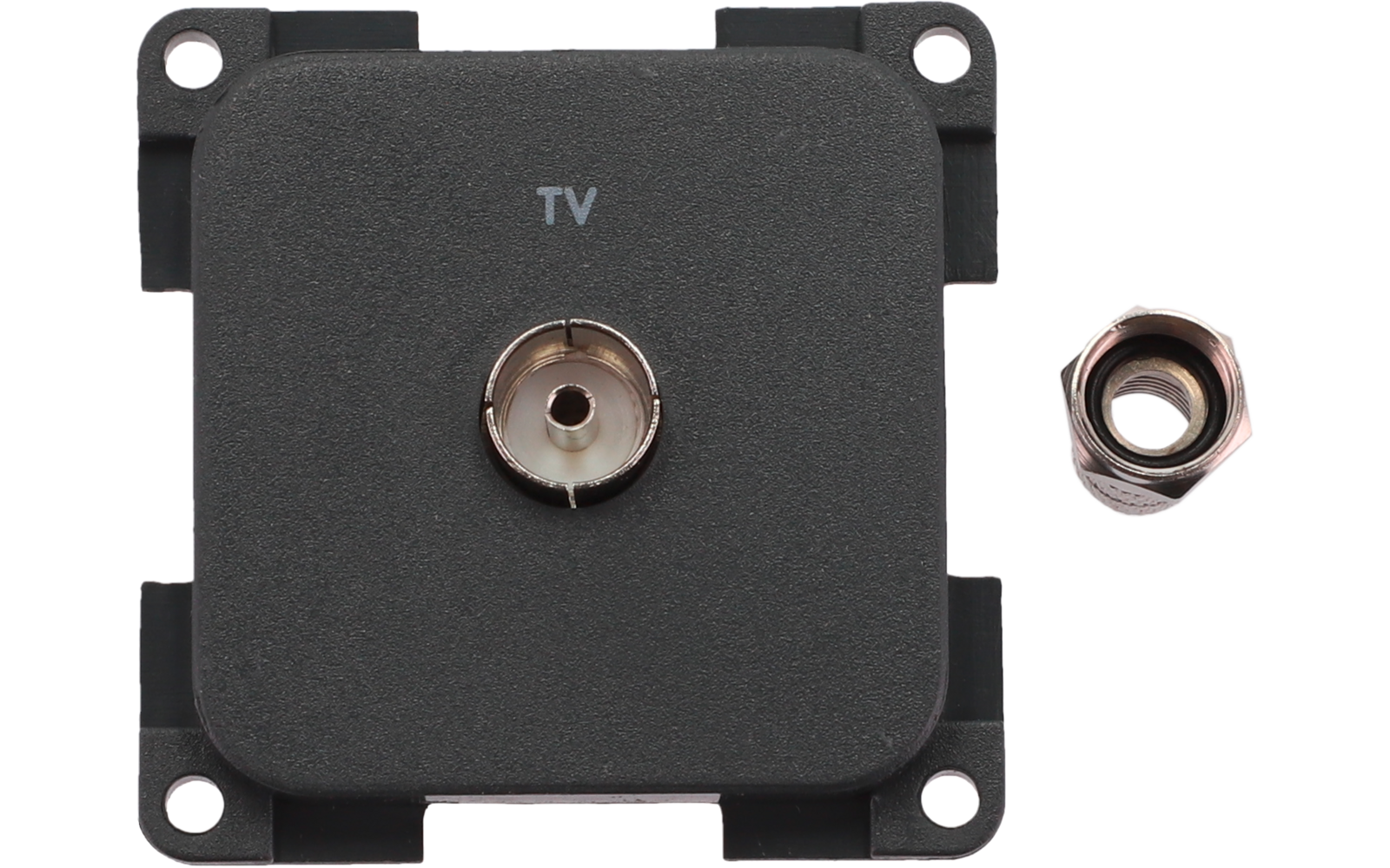 Panneau carré noir en plastique avec connecteur coaxial TV central marqué "TV", quatre trous de fixation aux angles et un écrou hexagonal détaché à droite