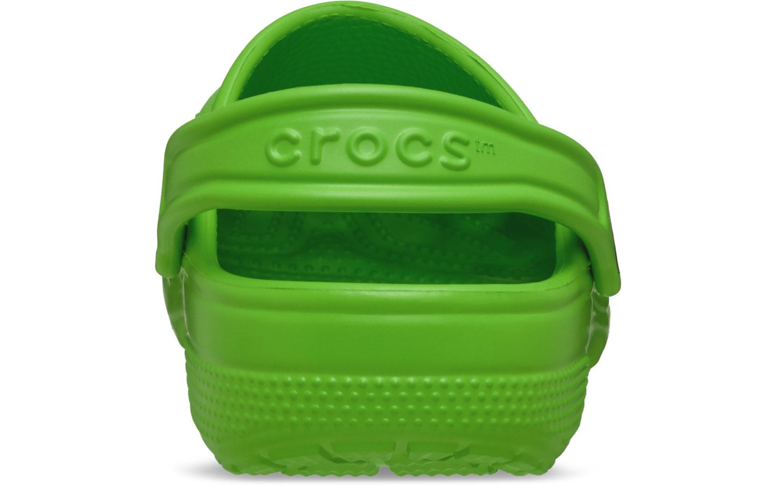 Vue arrière d'un sabot Crocs vert avec bride de talon relevée, marquage 'crocs' et semelle texturée