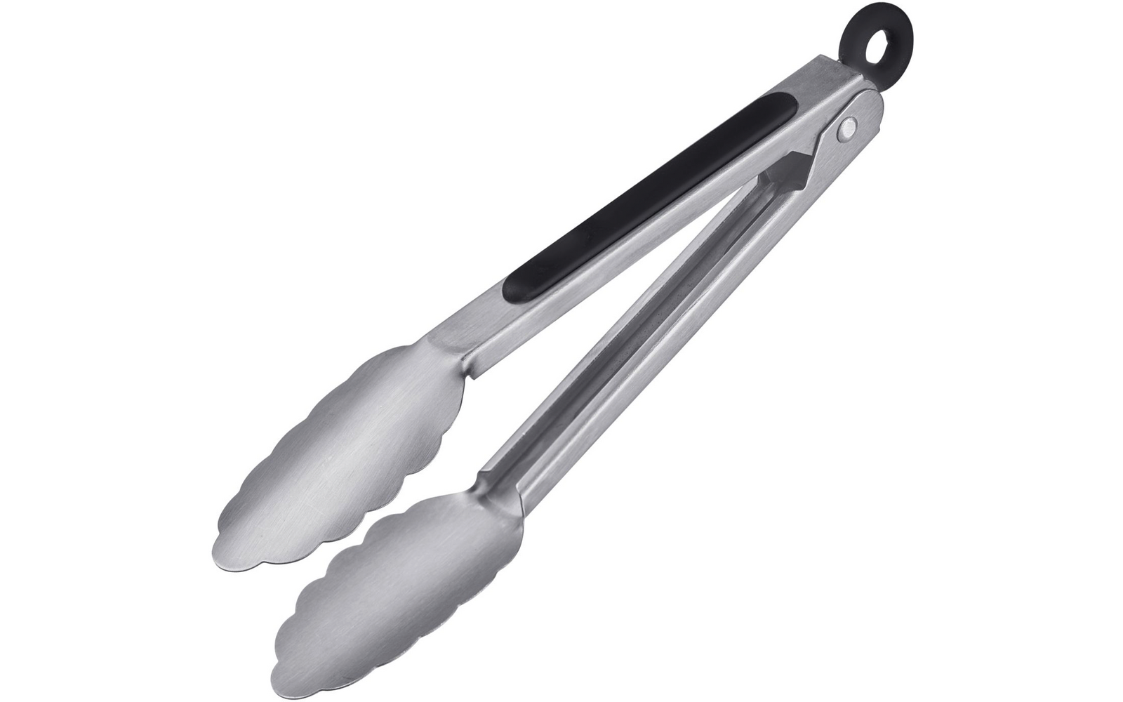 Silberne Metallzange mit gewellten Greifenden, schwarzer Griffleiste und Aufhängeöse
