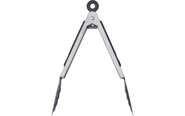 Metallzange mit gezackten Greifbacken, schwarzen Griffeinlagen und rundem schwarzen Aufhänger