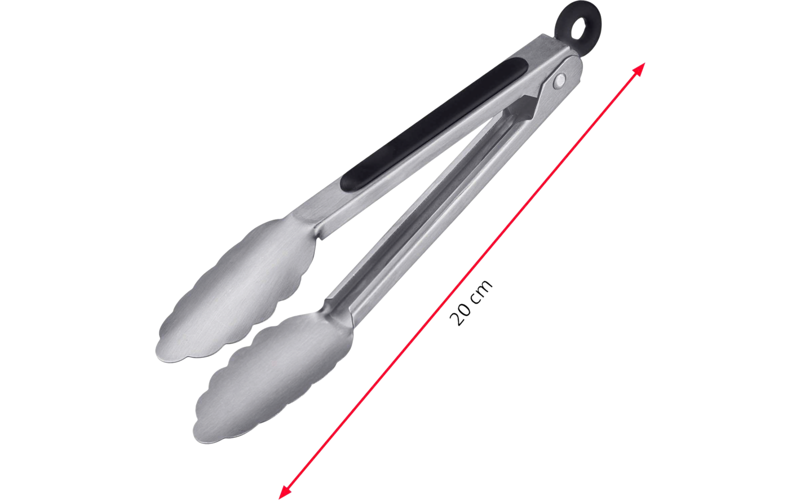 Edelstahl-Küchenzange mit schwarzem Griffstreifen und Aufhängeöse, diagonal mit rotem Pfeil und '20 cm' Maßangabe
