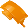 Pièce en plastique orange brillante, surface courbée et deux chevilles cylindriques de connexion