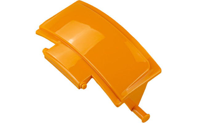 Pièce en plastique orange brillante, surface courbée et deux chevilles cylindriques de connexion