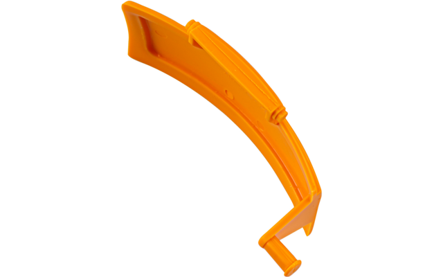 Pièce courbée en plastique orange avec deux trous intérieurs et un tenon à une extrémité